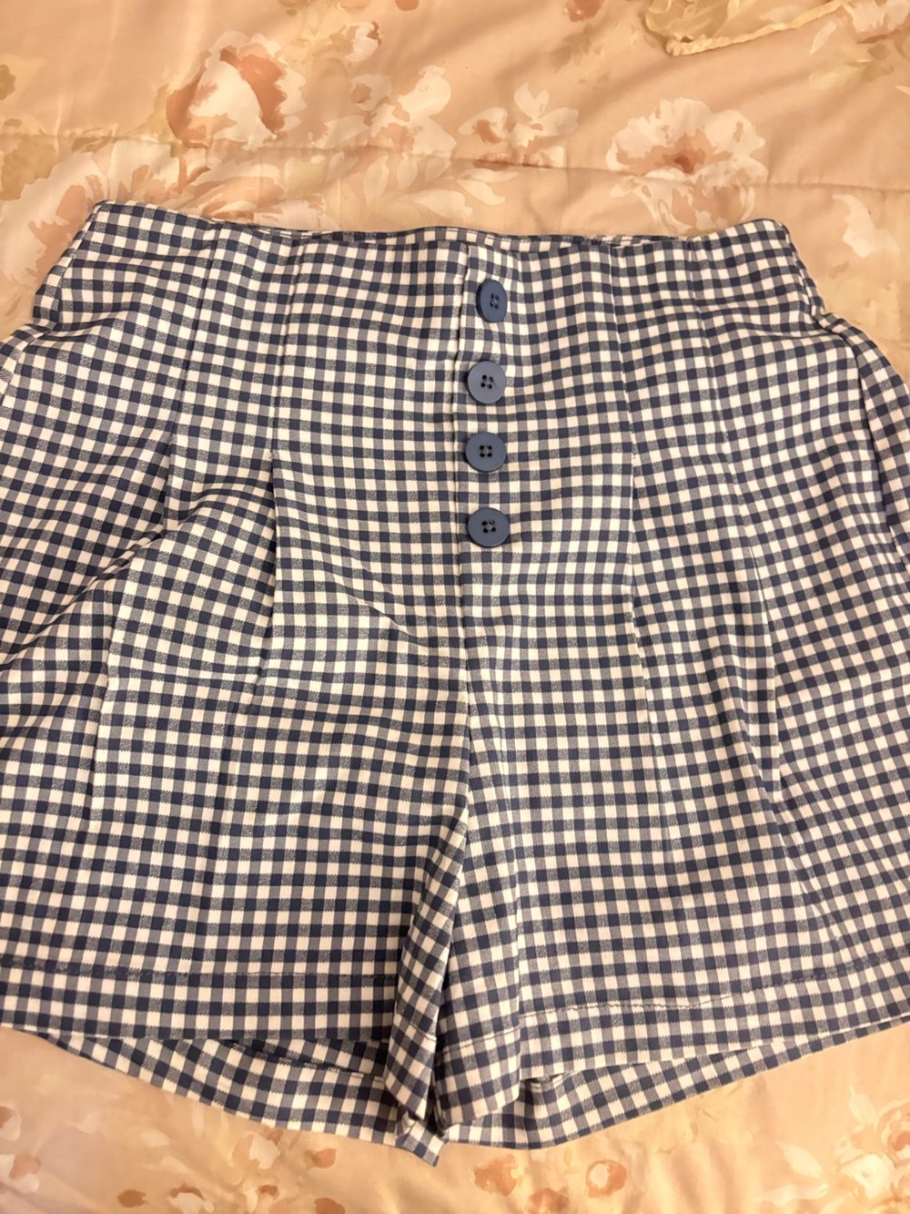 Shinestar Navy and White Gingham High-Waist Button Shorts